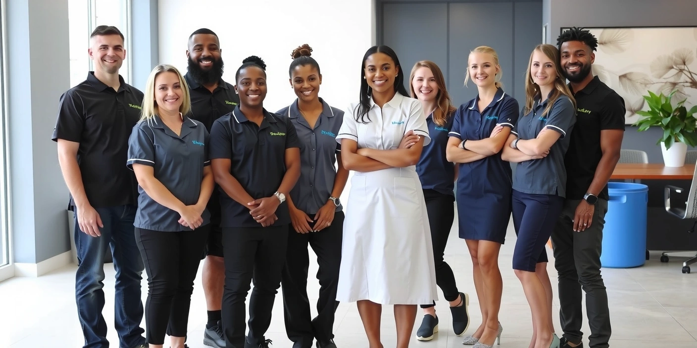 Professional cleaning team in uniform, smiling, in a modern office environment, no text, no letters.