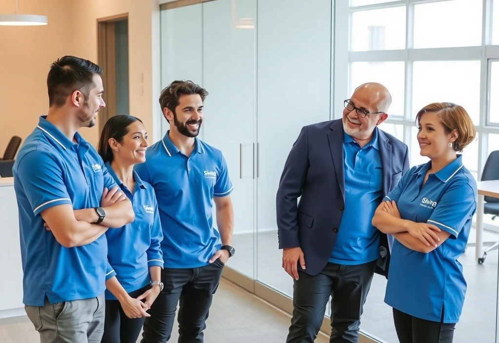 ShineFactory team discussing cleaning plan with a client in a modern office