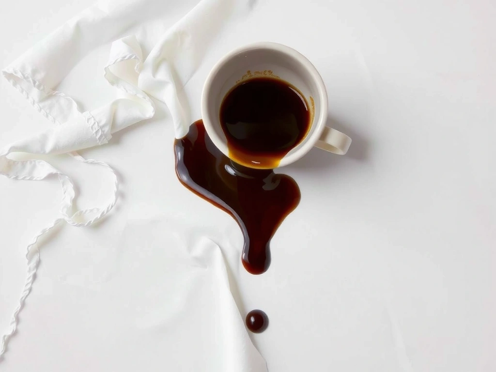 Coffee cup spilled on a white tablecloth