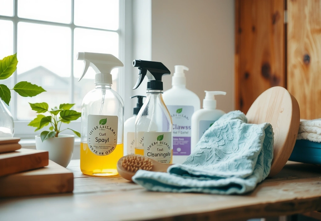 Green cleaning supplies on a wooden table with sunlight