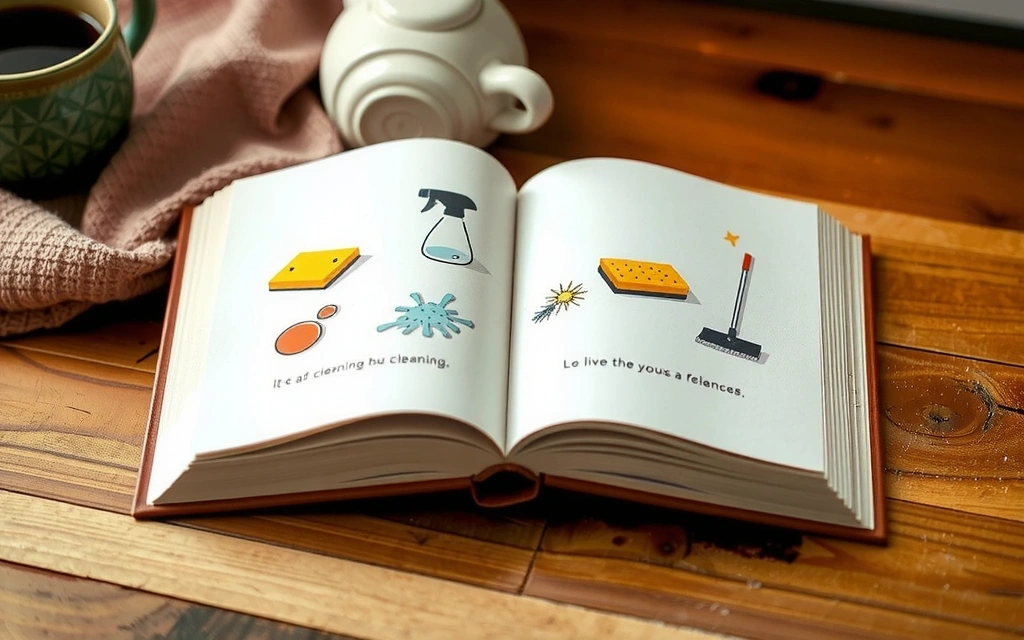 Open book with cleaning related illustrations, cozy and informative