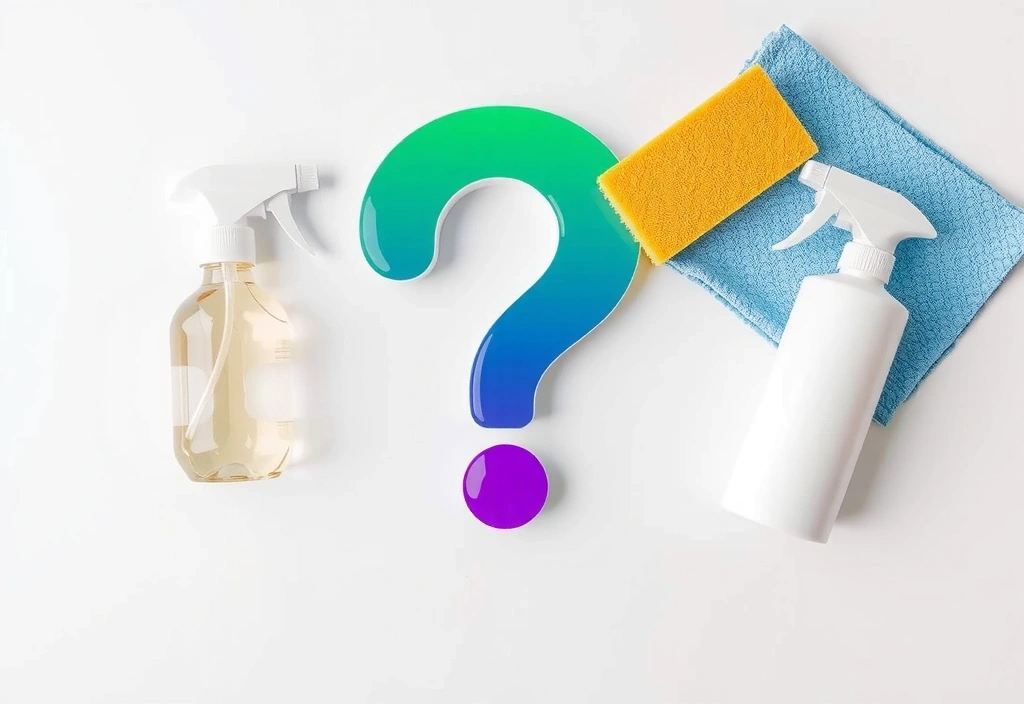 A large, shiny question mark icon surrounded by various clean and modern cleaning tools like a spray bottle, sponge, and microfiber cloth, all sparkling and arranged neatly on a pristine surface, conveying clarity and helpfulness.