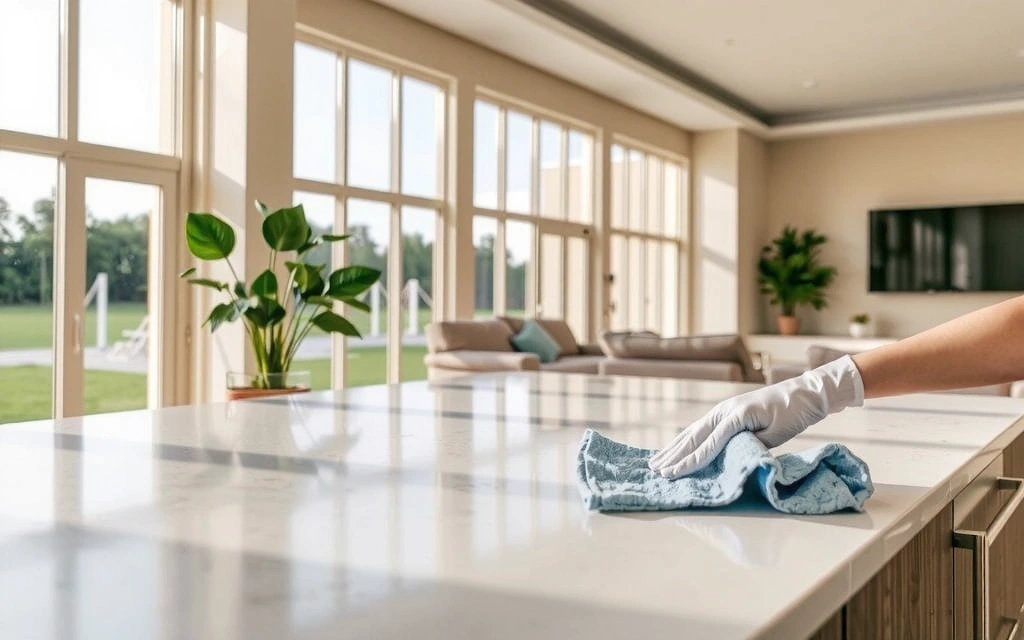 Modern, clean interior space being professionally cleaned, bright lighting, no text, no letters.