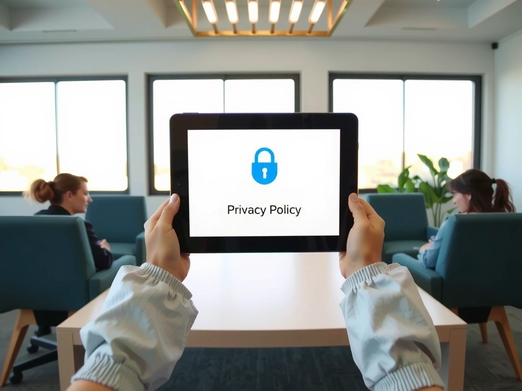A person reviewing a privacy policy document on a tablet with a lock icon, symbolizing data protection.