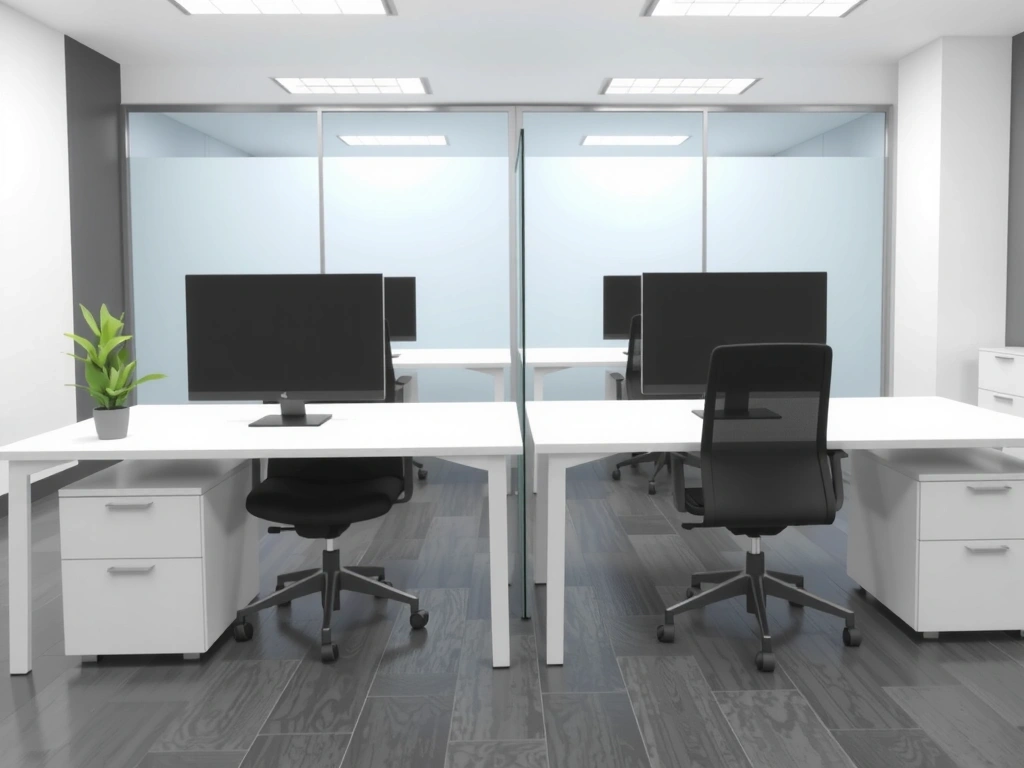 Clean and organized modern office space, with desks, chairs, and computers, showcasing a professional and hygienic work environment.