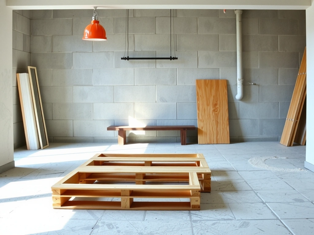 Clean construction site after cleanup, bright and clear, with new building materials neatly arranged, showcasing a ready-to-use space.