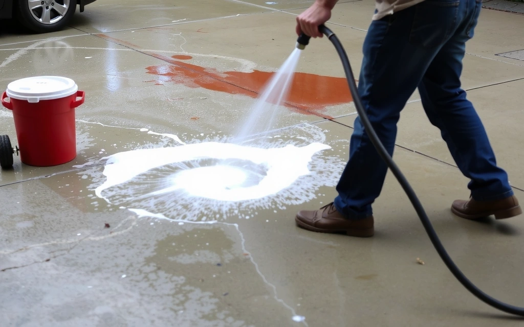 High-pressure washing equipment in action, cleaning a stained outdoor patio, demonstrating specialized cleaning expertise and powerful tools.