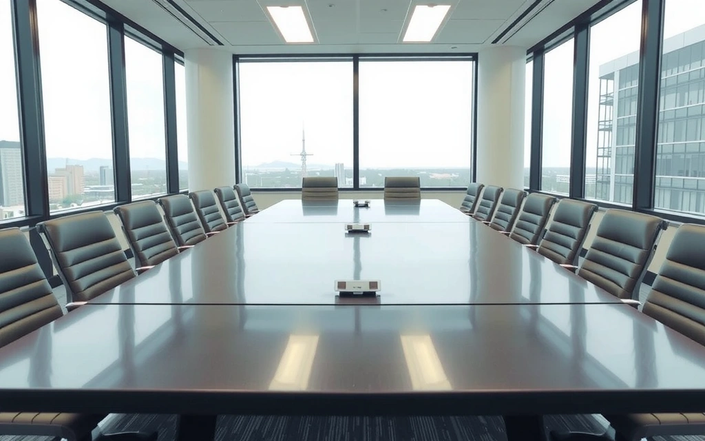 Modern office conference room, sparkling clean with a polished table and neatly arranged chairs, ready for a meeting, showcasing commercial cleaning results.