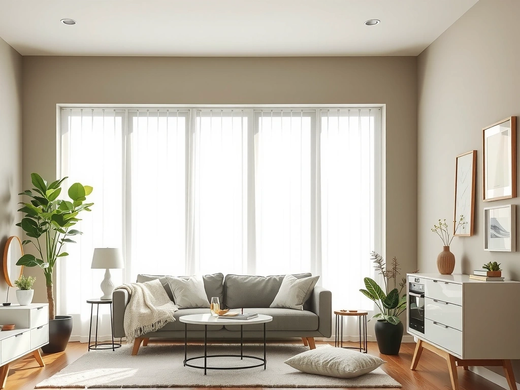 Sparkling clean home interior, bright and tidy, with natural light and minimalist furniture, reflecting professional cleaning results.