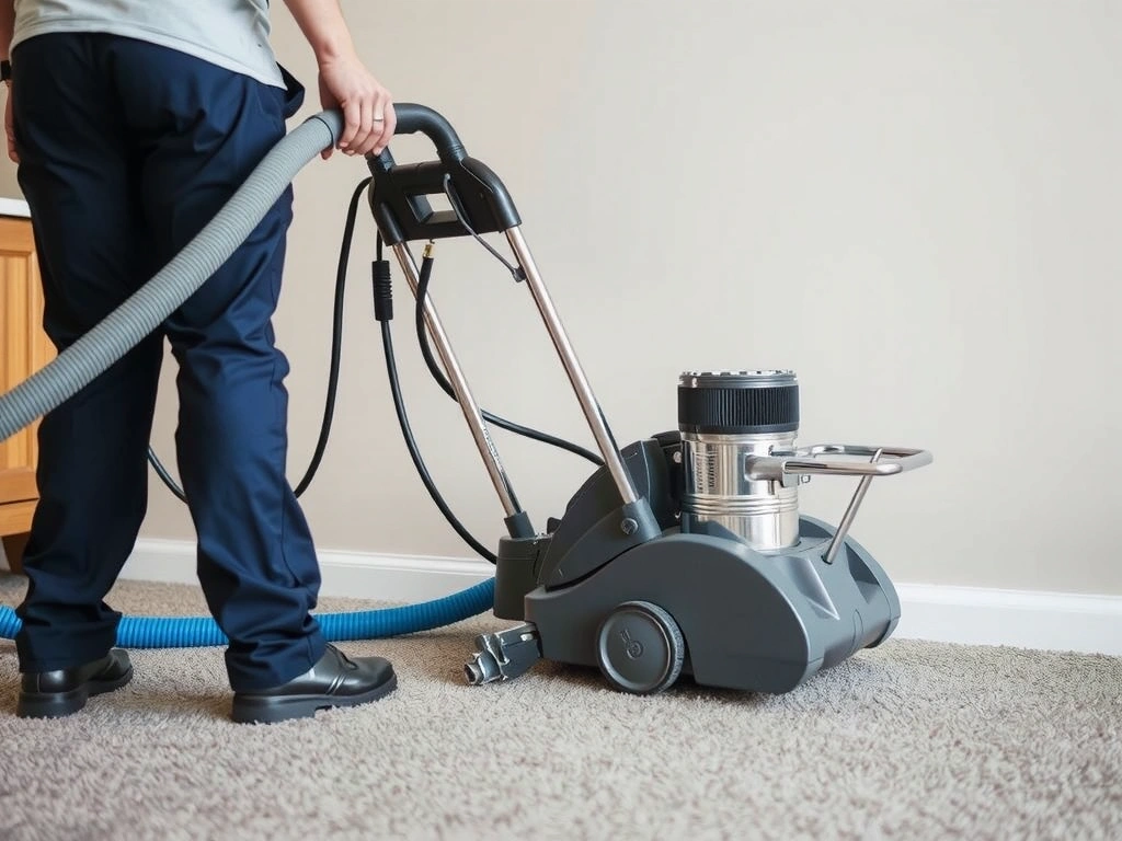 Specialized cleaning equipment in action, with a focus on a professional technician using a high-powered carpet cleaner on a carpeted floor, highlighting attention to detail and advanced techniques.
